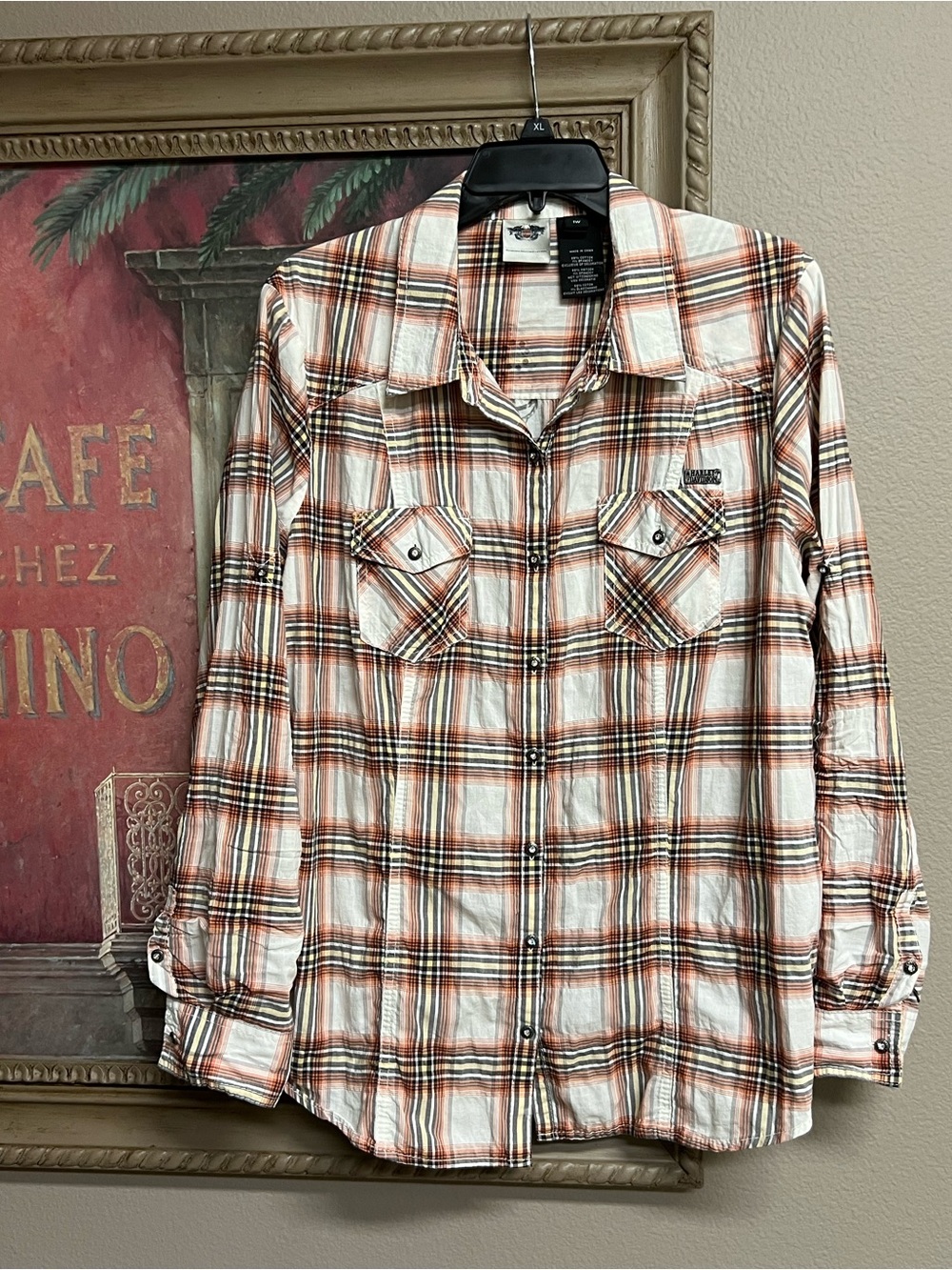 Harley-Davidson Plaid Shirt in Cream, Rust, Black and Yellow
